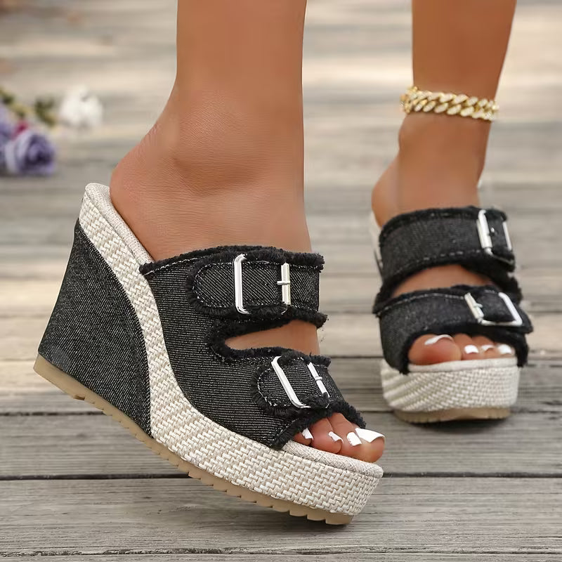 Elara | Denim Wedge Sandals
