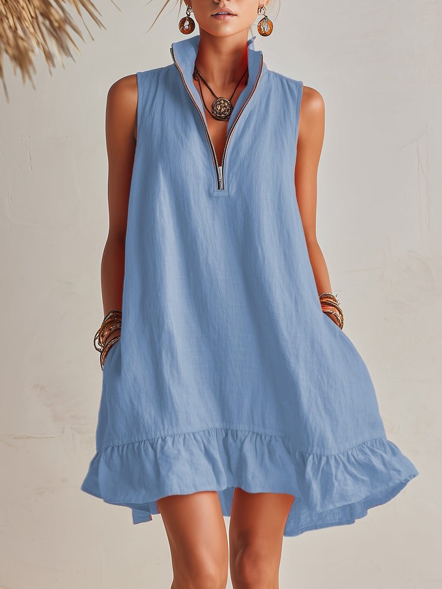 Andrea | Vibrant Half-Zip Stand Collar Ruffled Hem Mini Dress