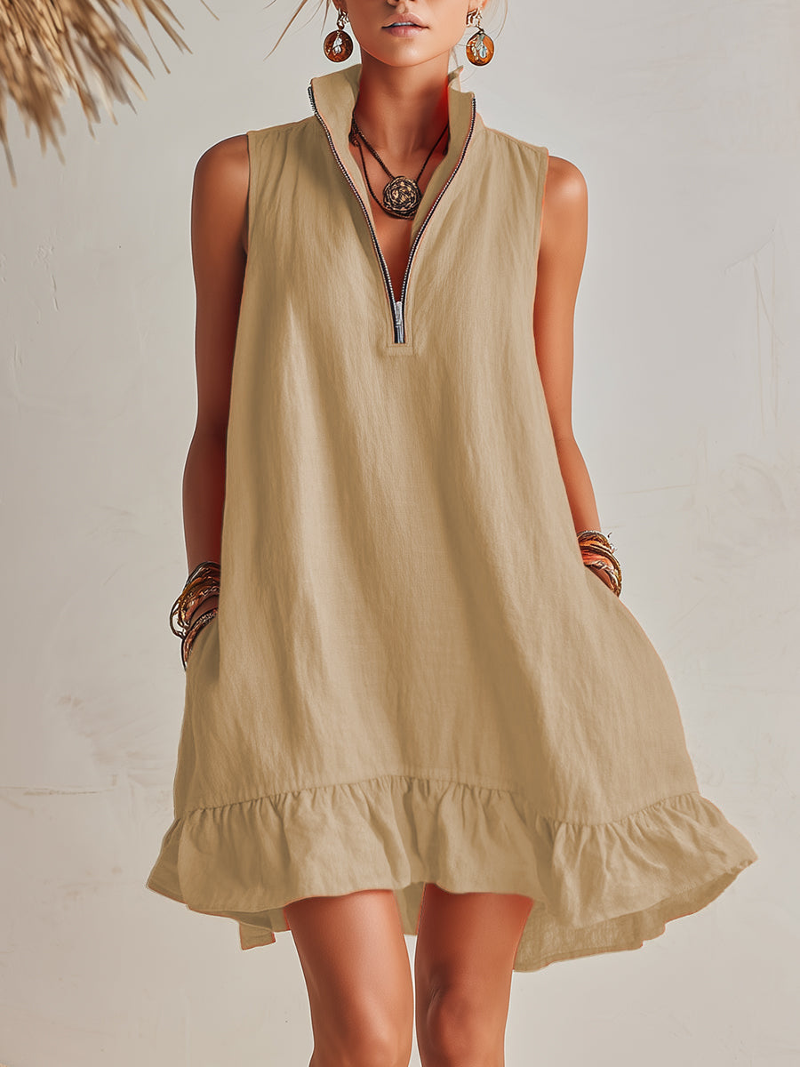 Andrea | Vibrant Half-Zip Stand Collar Ruffled Hem Mini Dress