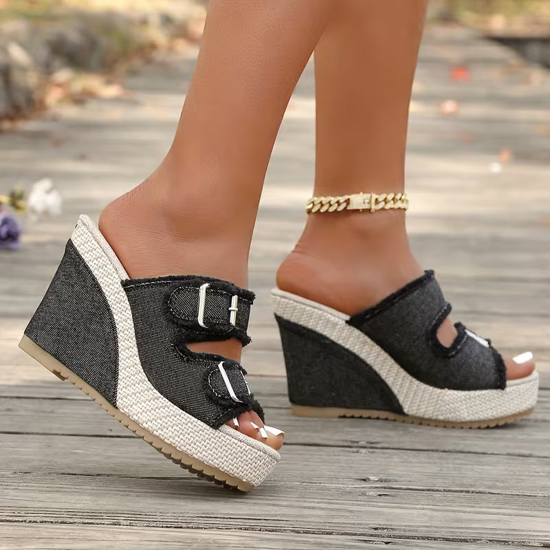 Elara | Denim Wedge Sandals