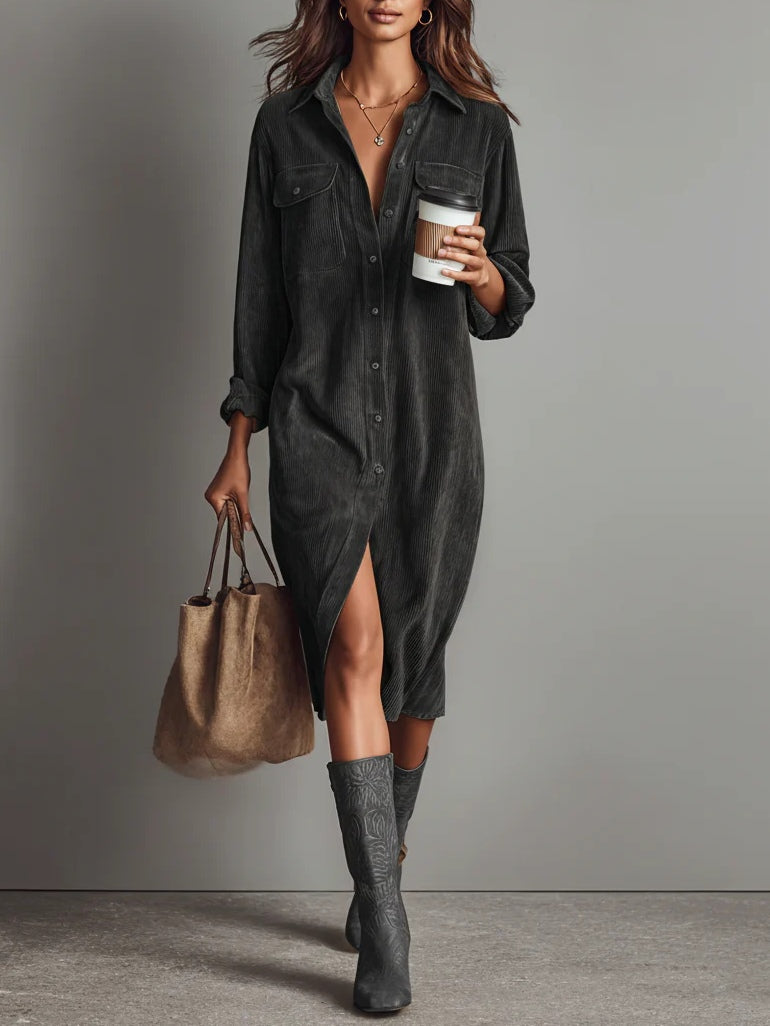 Emma | Loose Corduroy Double Chest Pocket Single Breasted Midi Dress