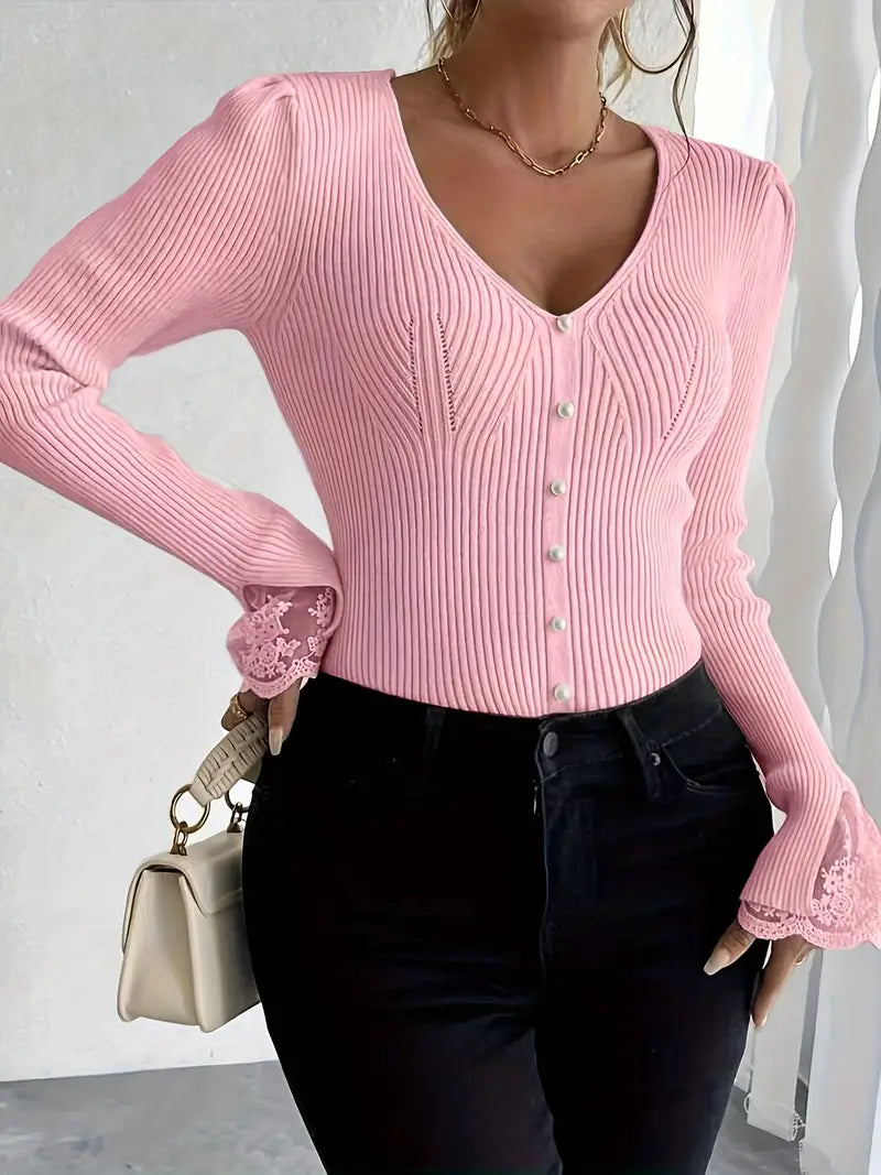 Mia | Ribbed V-Neck Sweater with Lace Sleeves