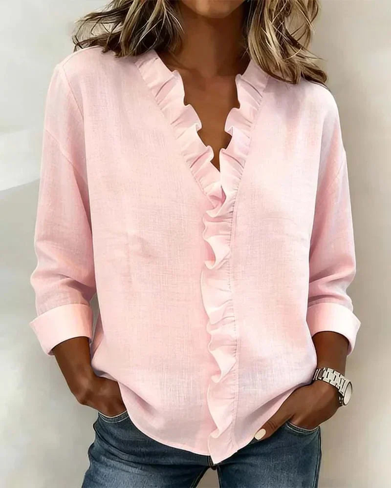 Arianna | Blouse with Ruffles, V-Neck and Long Sleeves