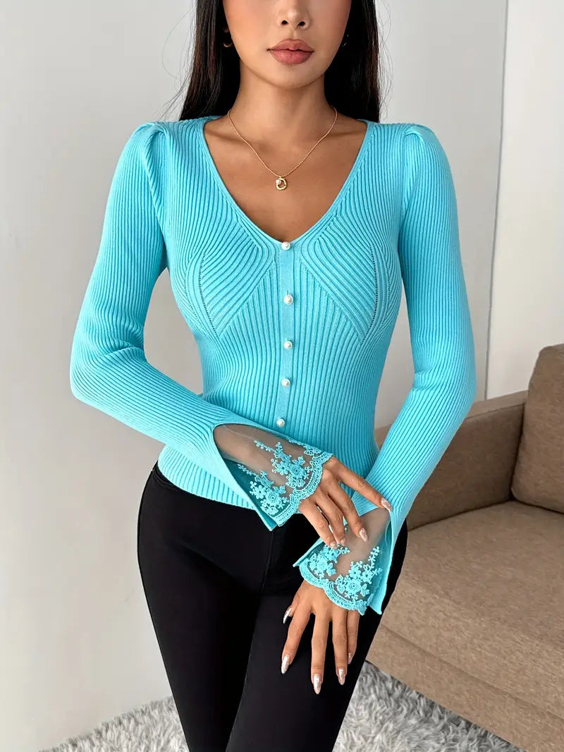 Mia | Ribbed V-Neck Sweater with Lace Sleeves