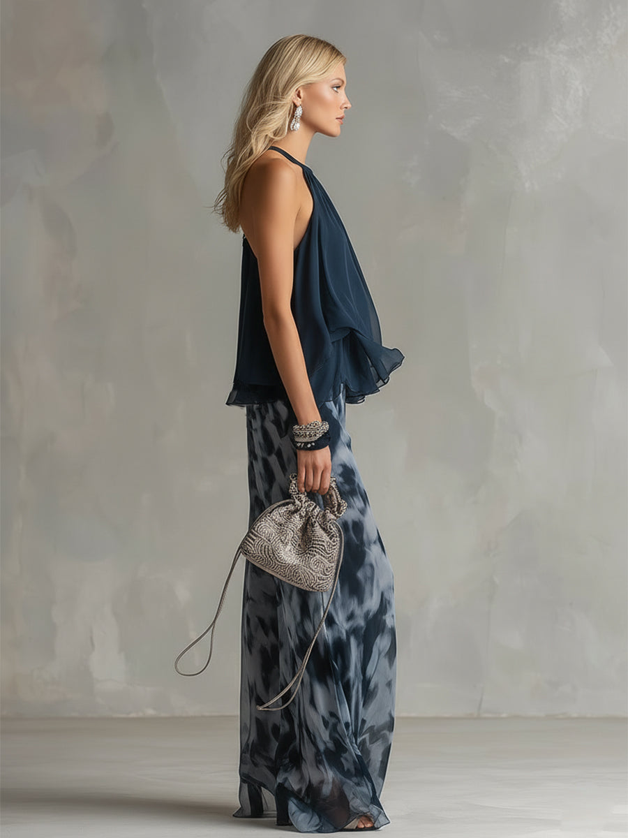 Marie | Elegant Chiffon Set with High-neck Top and Wide-leg Printed Trousers