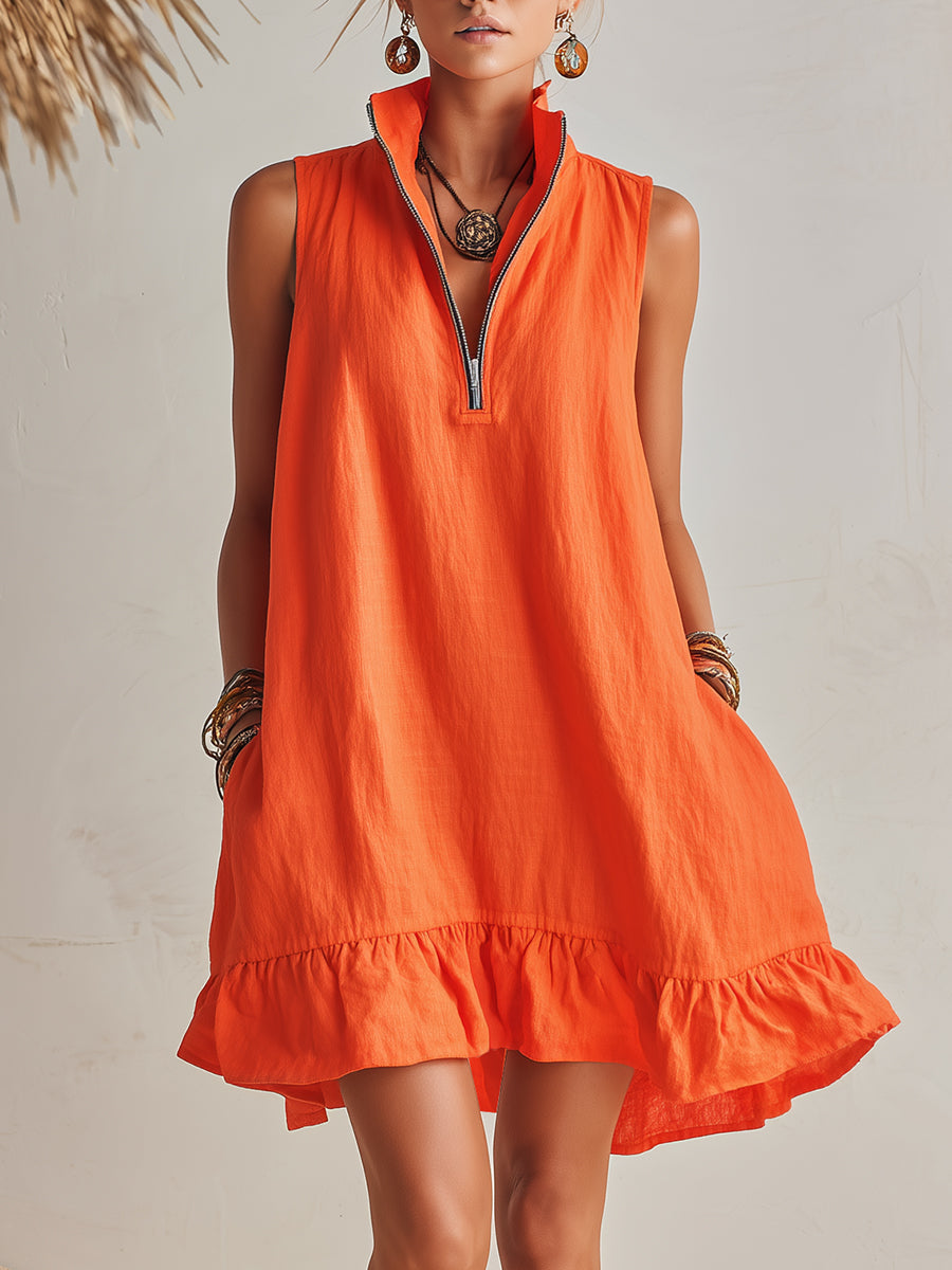 Andrea | Vibrant Half-Zip Stand Collar Ruffled Hem Mini Dress