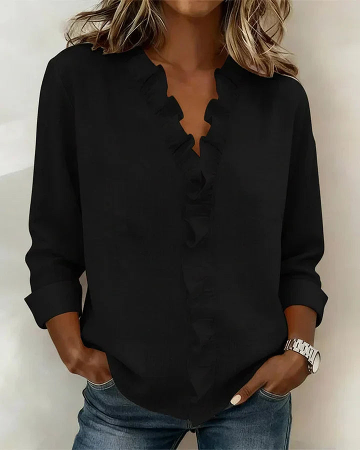 Arianna | Blouse with Ruffles, V-Neck and Long Sleeves