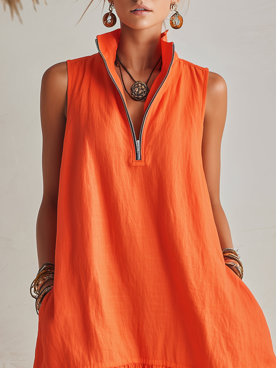 Andrea | Vibrant Half-Zip Stand Collar Ruffled Hem Mini Dress