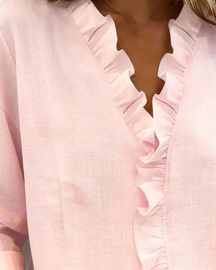 Arianna | Blouse with Ruffles, V-Neck and Long Sleeves