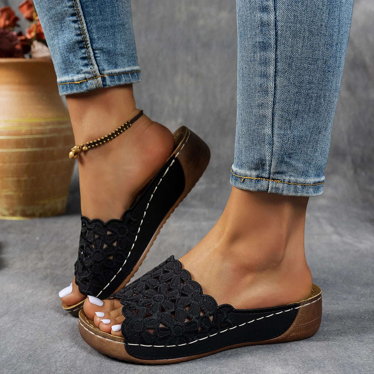 Amanda | Floral Cutout Wedge Sandals