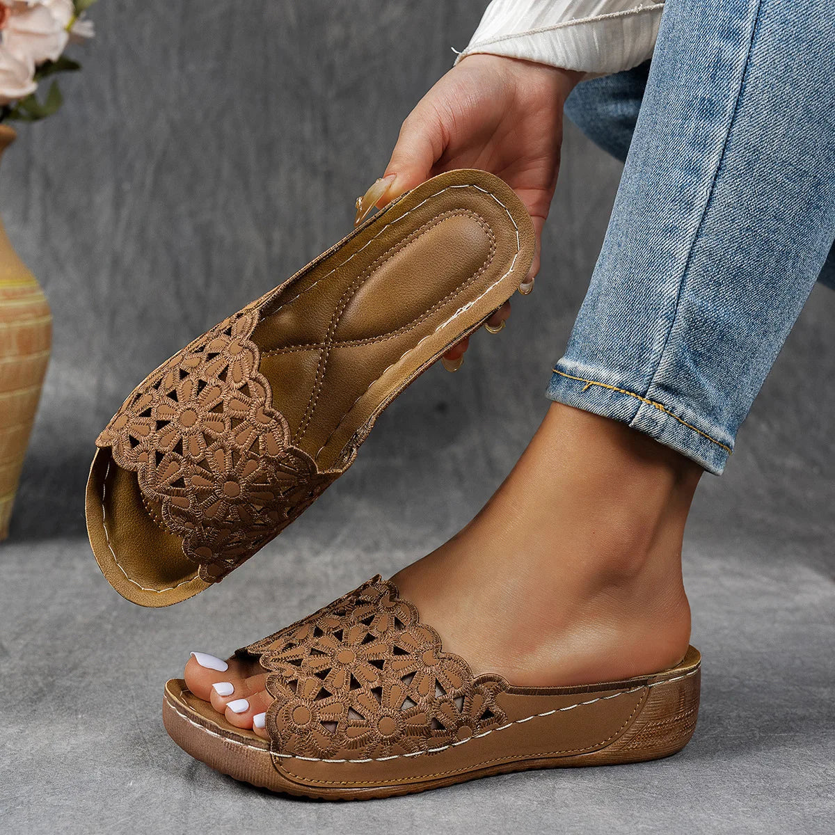Amanda | Floral Cutout Wedge Sandals