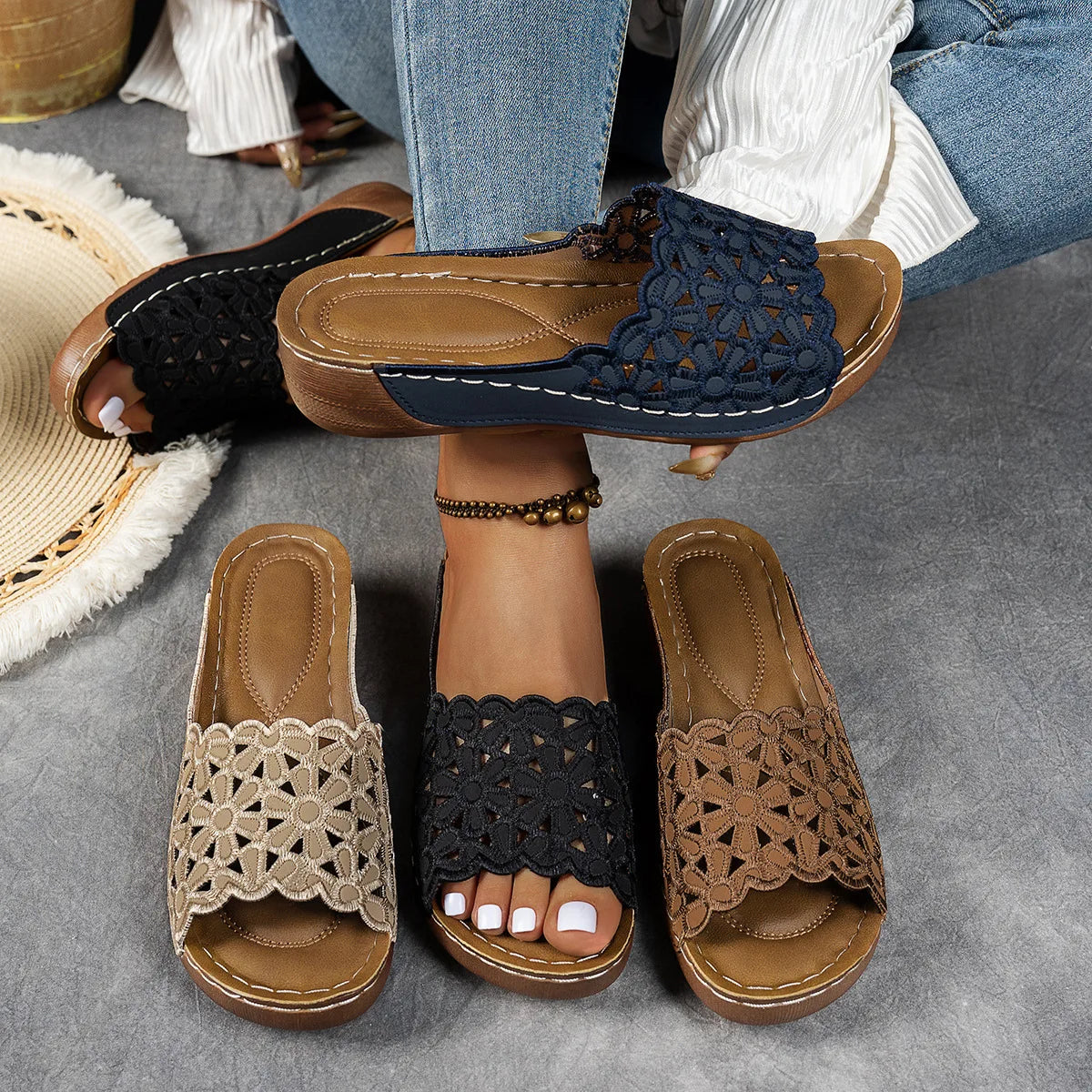 Amanda | Floral Cutout Wedge Sandals