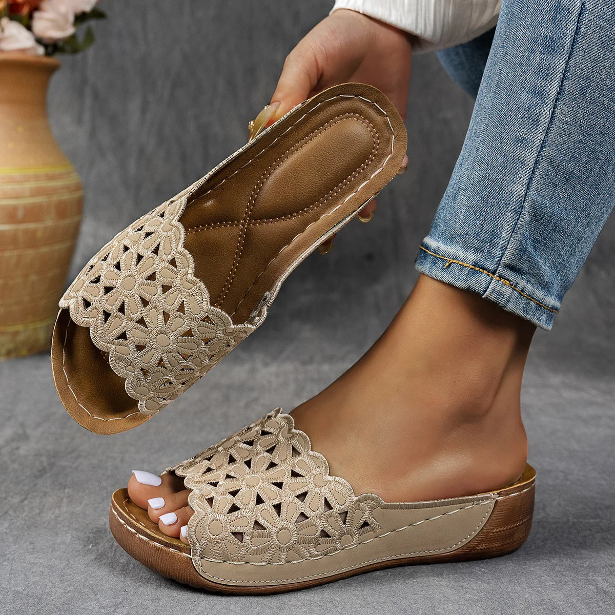 Amanda | Floral Cutout Wedge Sandals