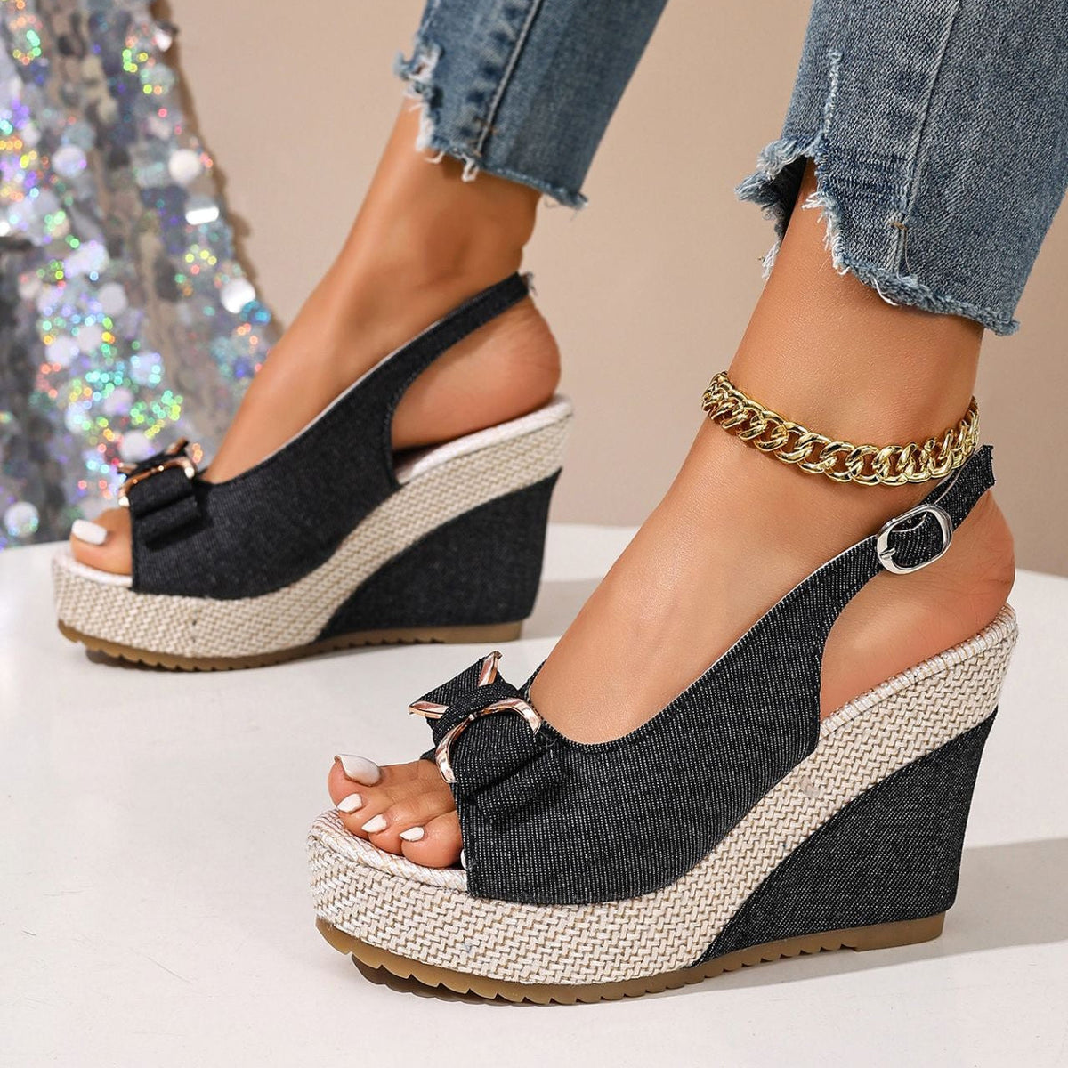 Celeste | Denim Bow Wedges