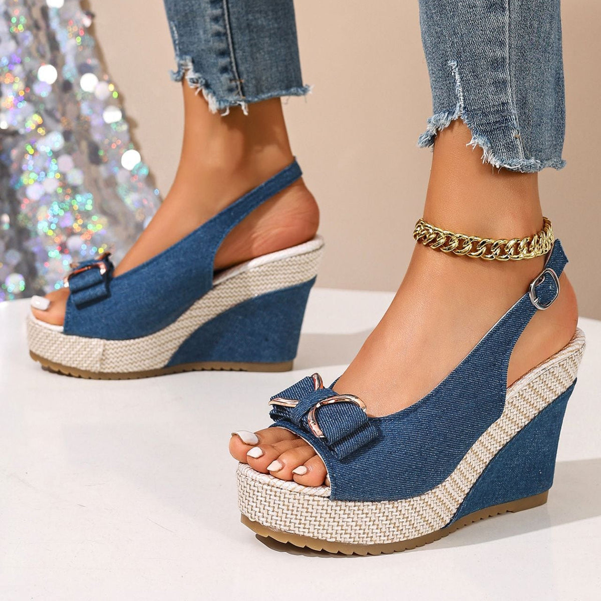 Celeste | Denim Bow Wedges