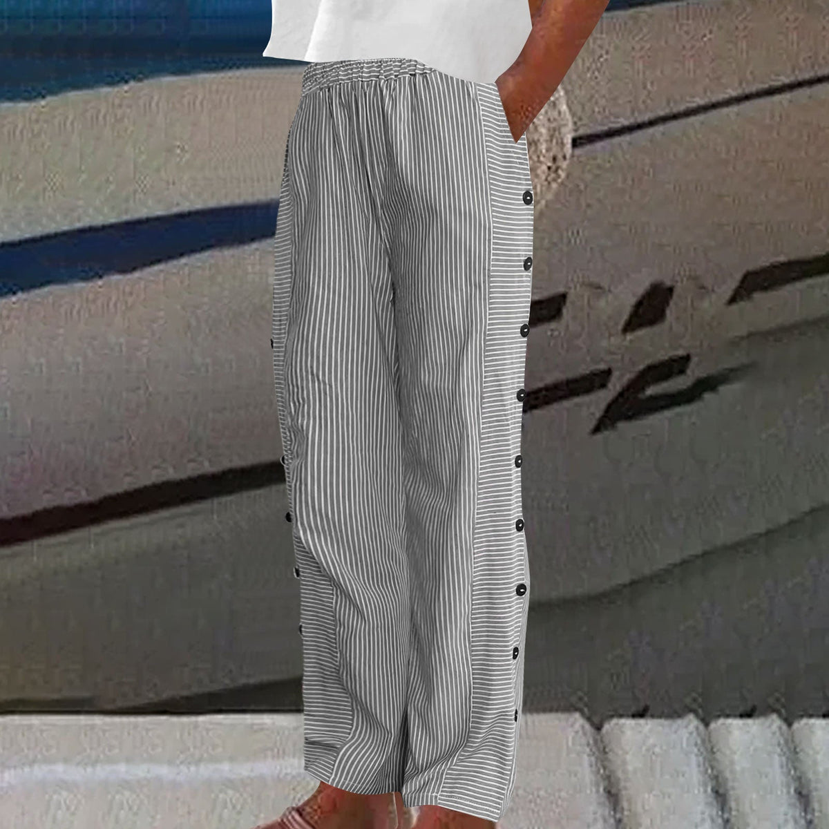 Sherry | Striped Button-Accent Pants