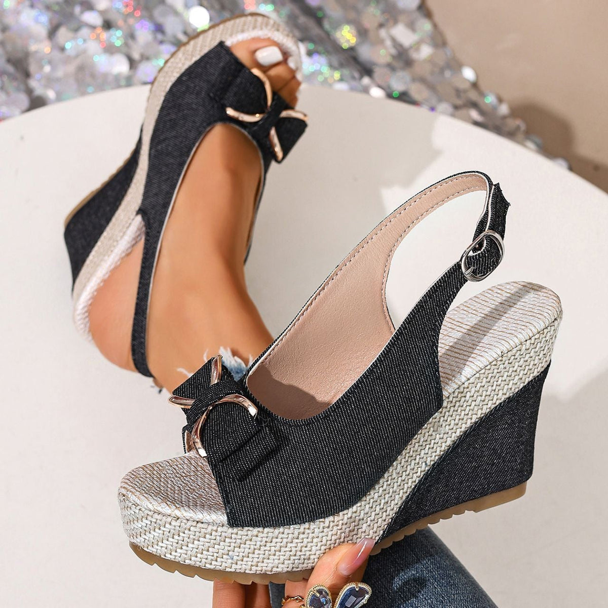 Celeste | Denim Bow Wedges