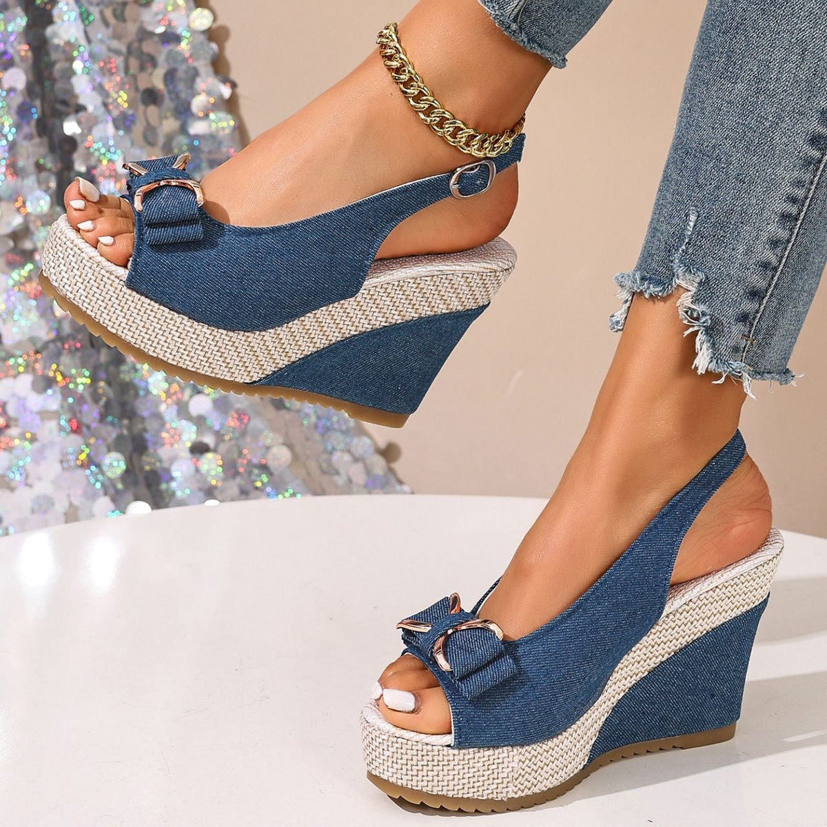Celeste | Denim Bow Wedges