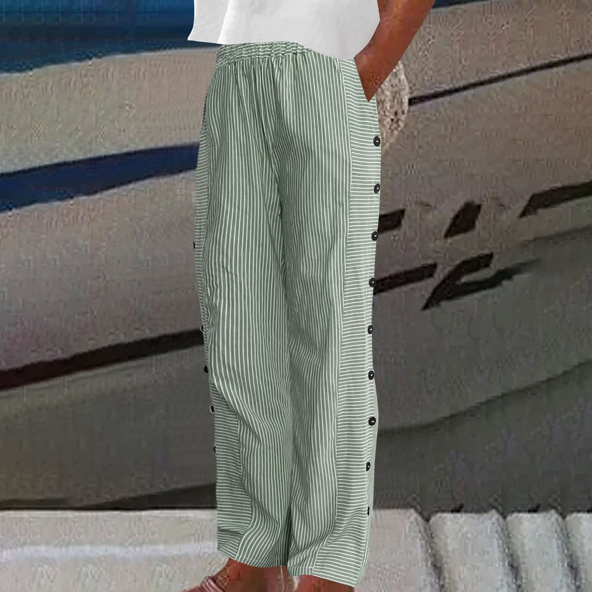 Sherry | Striped Button-Accent Pants