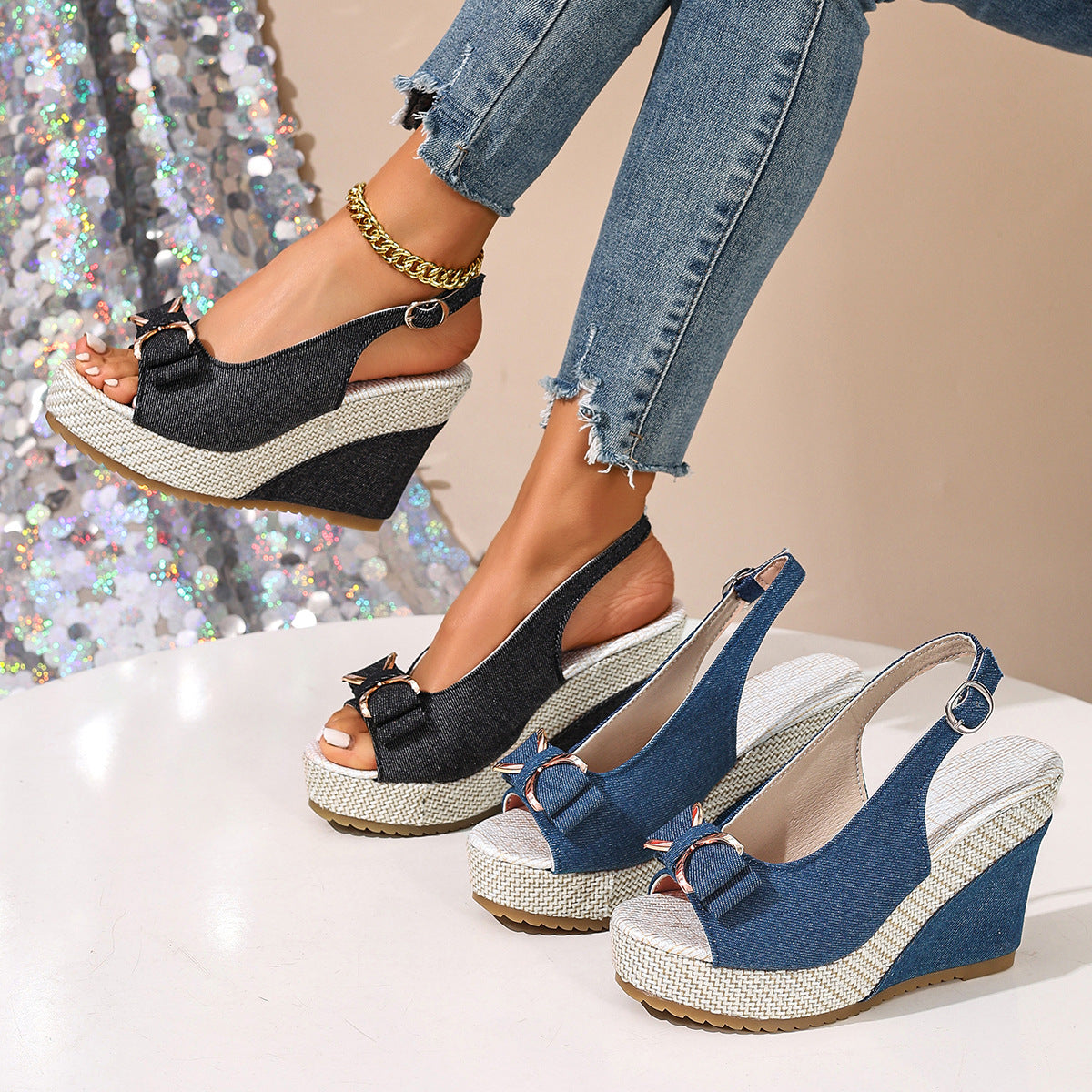 Celeste | Denim Bow Wedges