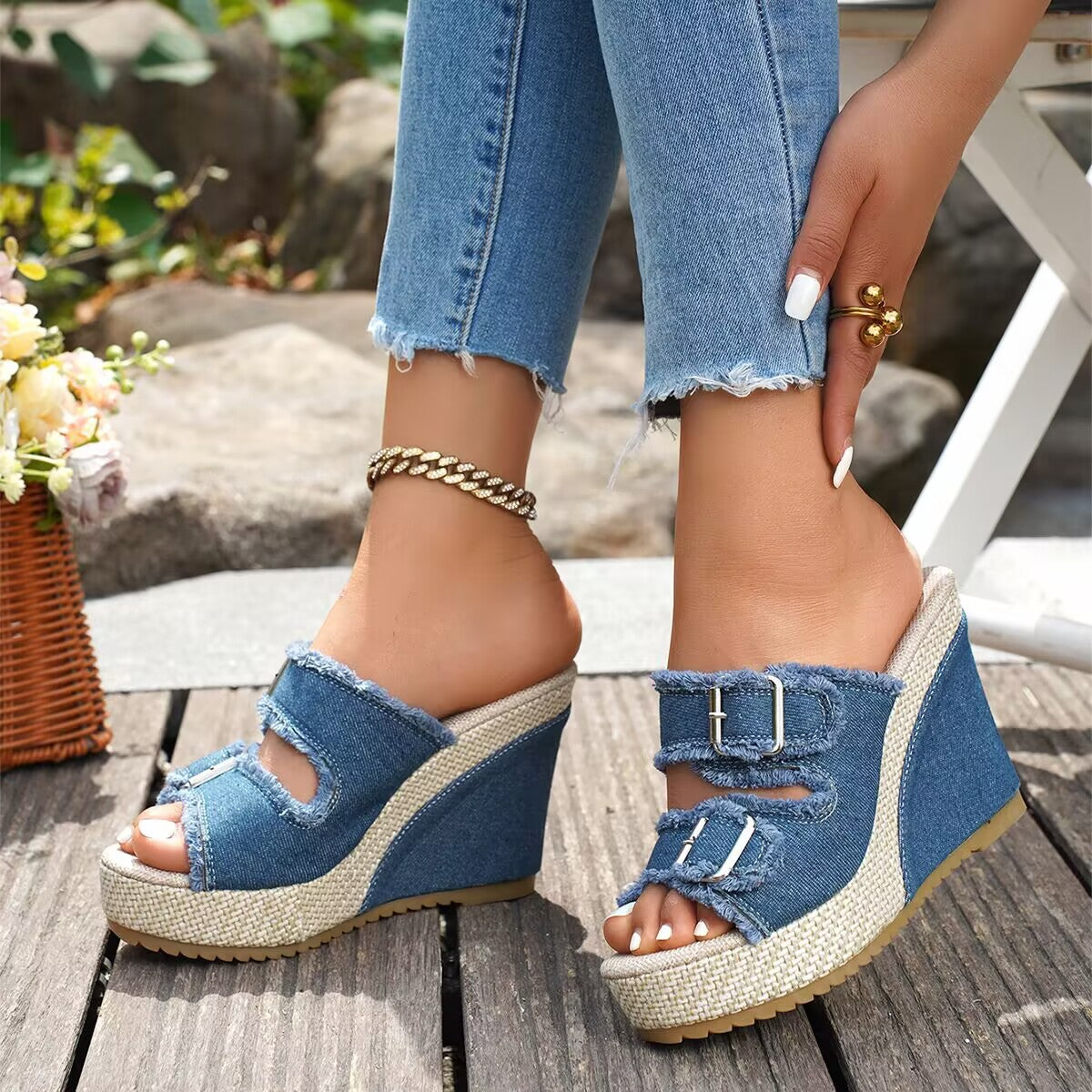 Elara | Denim Wedge Sandals