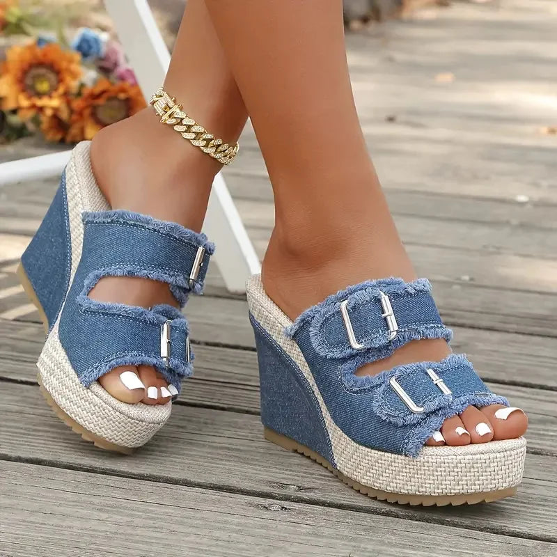 Elara | Denim Wedge Sandals