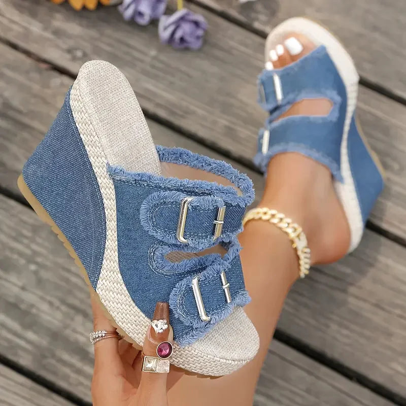 Elara | Denim Wedge Sandals