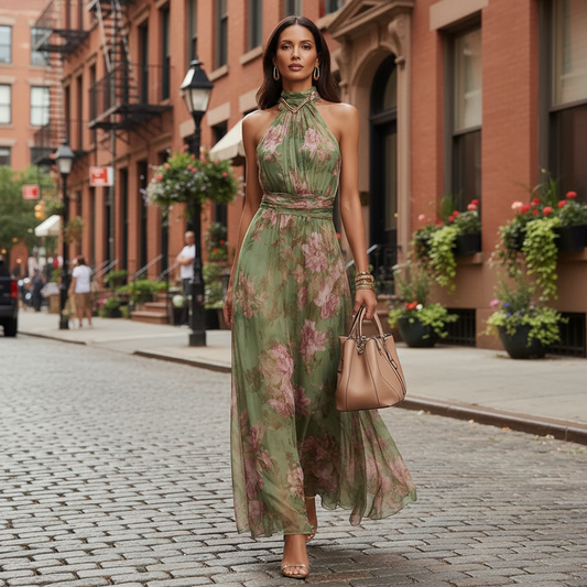 Christine | Floral Halter Neck Chiffon Maxi Dress