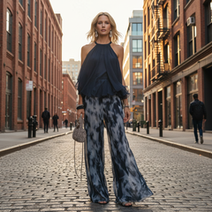 Marie | Elegant Chiffon Set with High-neck Top and Wide-leg Printed Trousers