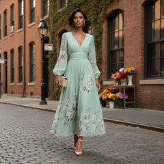 Felicity | Light Green V-Neck Chiffon Pleated Floral Midi Dress