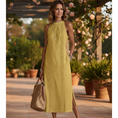 Jimena | Linen Midi Dress with Mao Collar