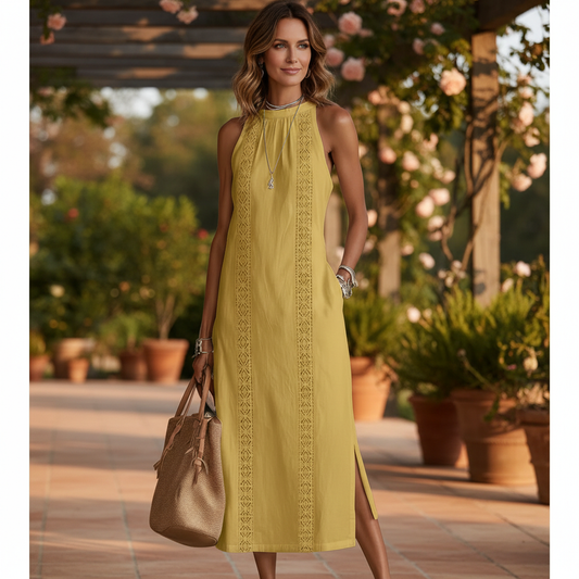 Jimena | Linen Midi Dress with Mao Collar
