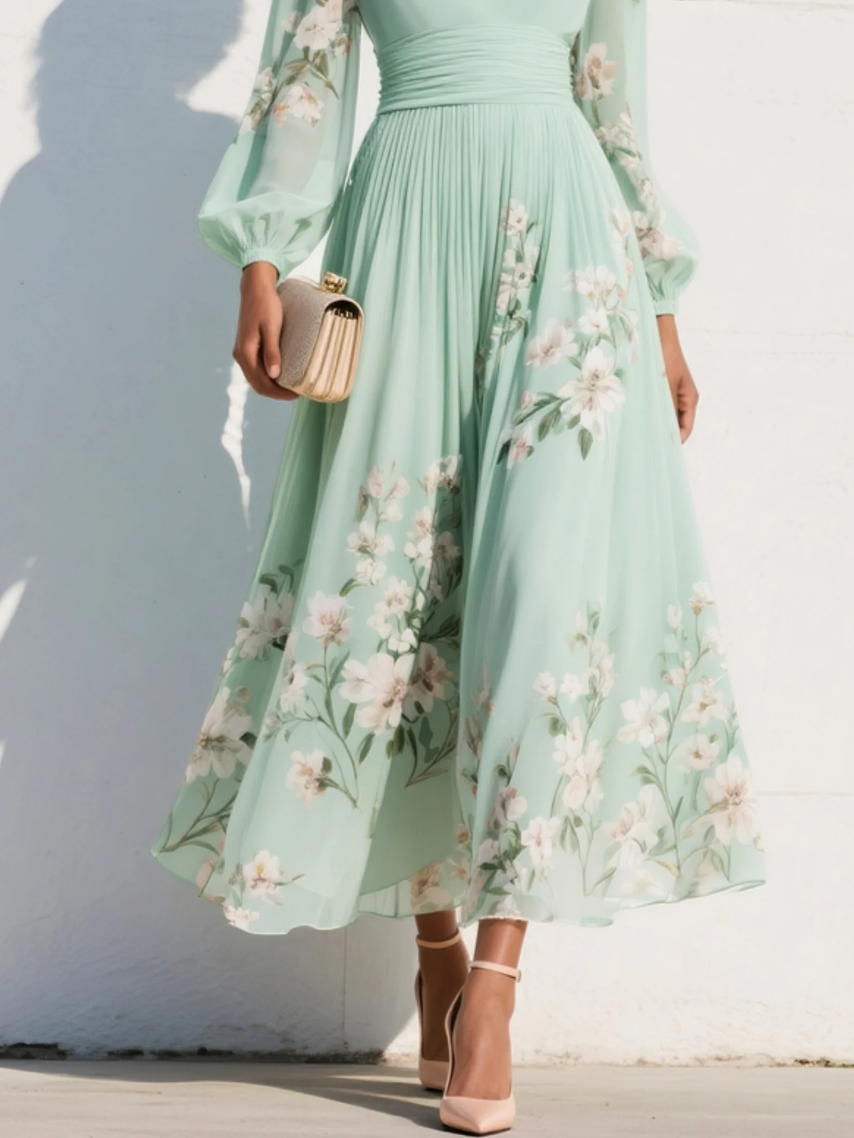 Felicity | Light Green V-Neck Chiffon Pleated Floral Midi Dress