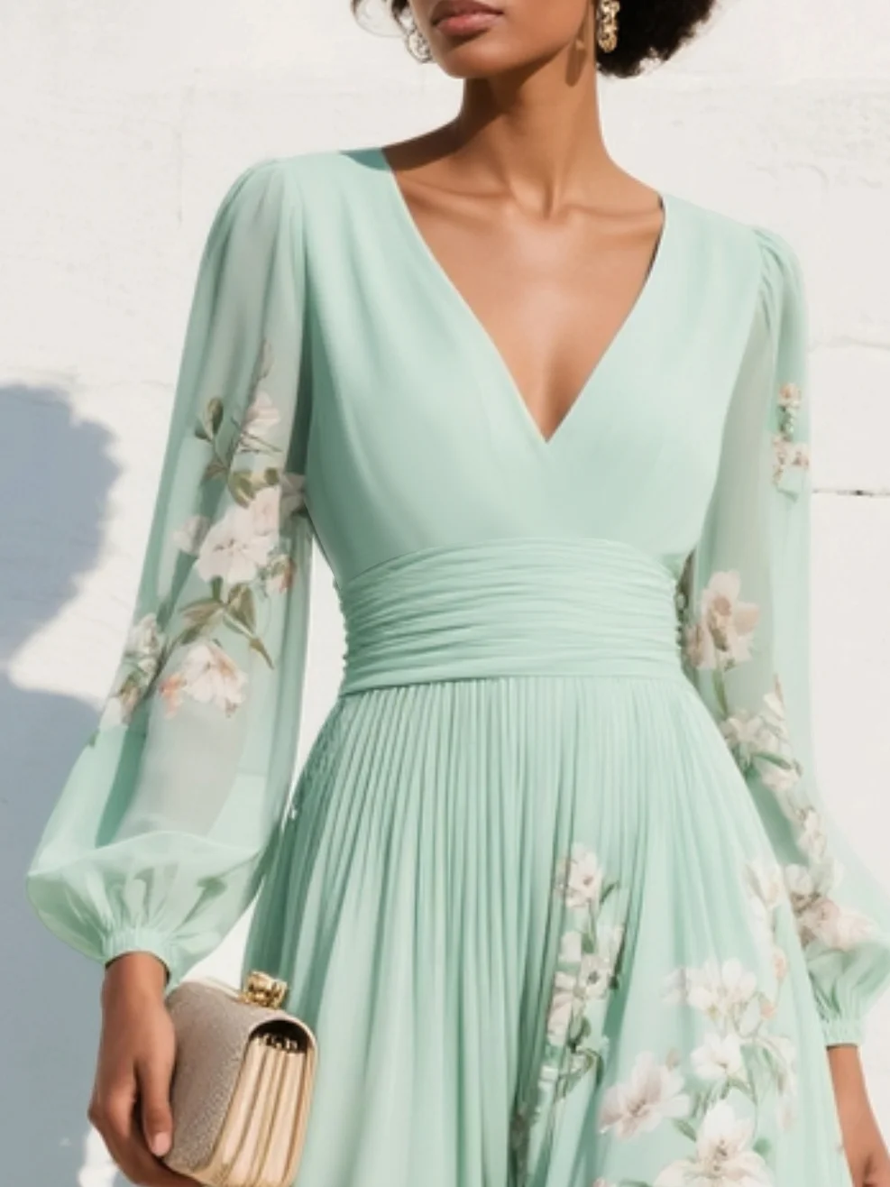 Felicity | Light Green V-Neck Chiffon Pleated Floral Midi Dress