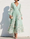 Felicity | Light Green V-Neck Chiffon Pleated Floral Midi Dress