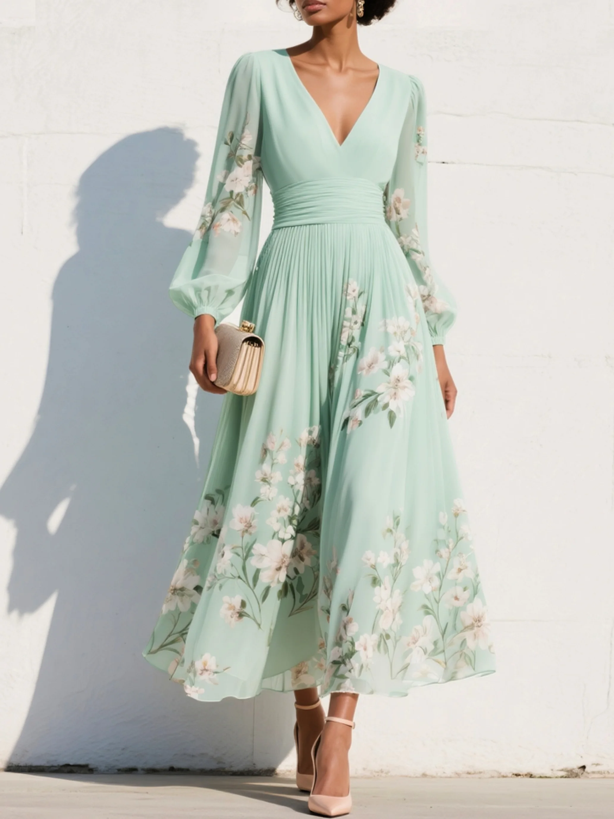 Felicity | Light Green V-Neck Chiffon Pleated Floral Midi Dress