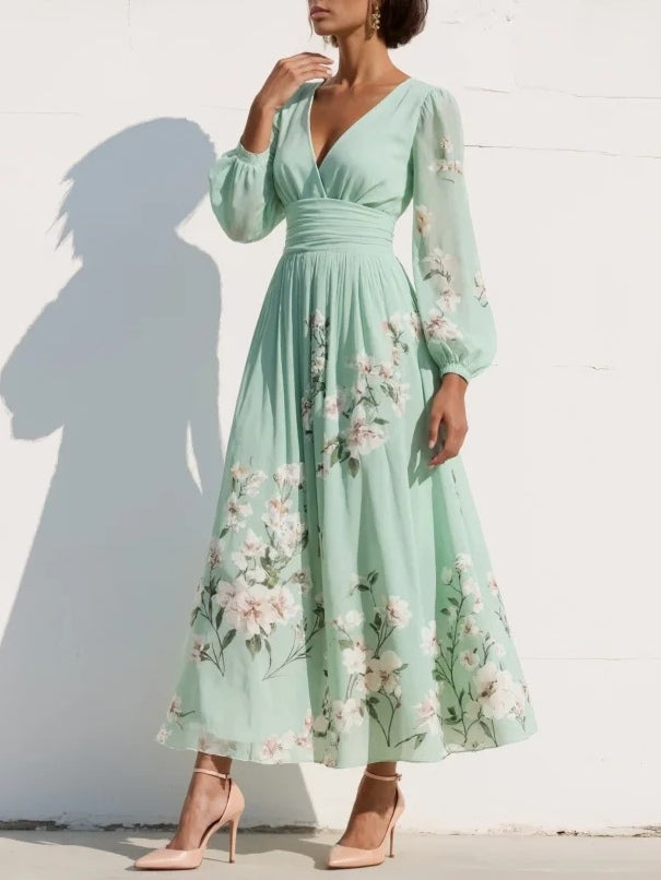 Felicity | Light Green V-Neck Chiffon Pleated Floral Midi Dress