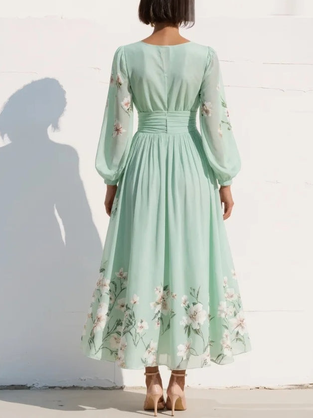 Felicity | Light Green V-Neck Chiffon Pleated Floral Midi Dress
