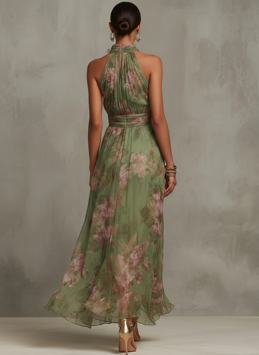 Christine | Floral Halter Neck Chiffon Maxi Dress