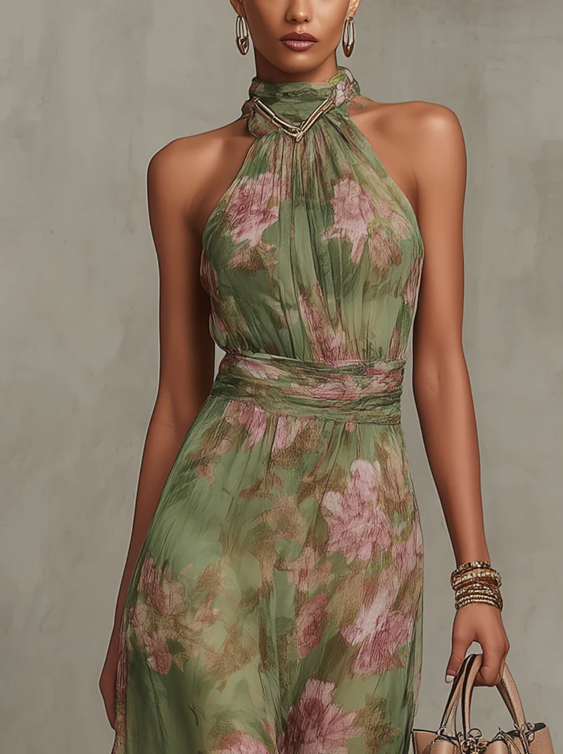 Christine | Floral Halter Neck Chiffon Maxi Dress