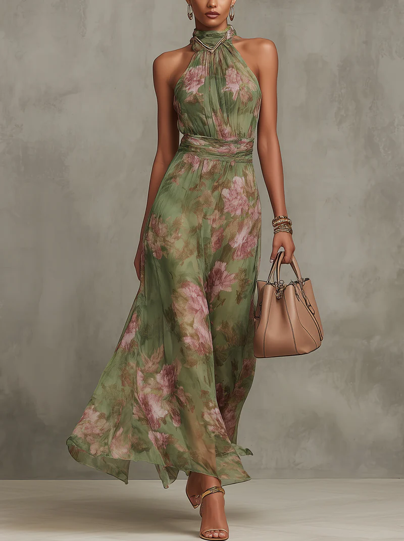 Christine | Floral Halter Neck Chiffon Maxi Dress