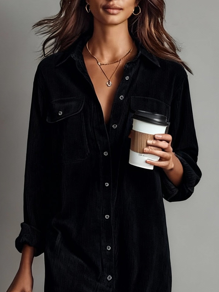 Emma | Loose Corduroy Double Chest Pocket Single Breasted Midi Dress
