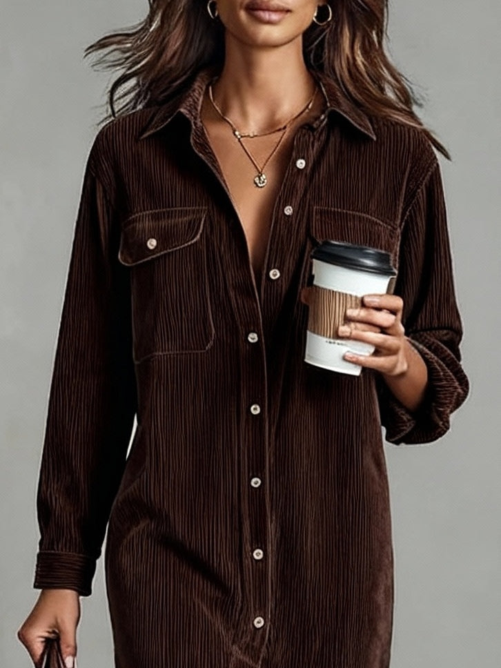 Emma | Loose Corduroy Double Chest Pocket Single Breasted Midi Dress