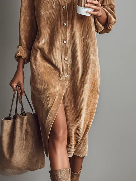 Emma | Loose Corduroy Double Chest Pocket Single Breasted Midi Dress