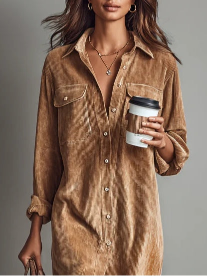 Emma | Loose Corduroy Double Chest Pocket Single Breasted Midi Dress