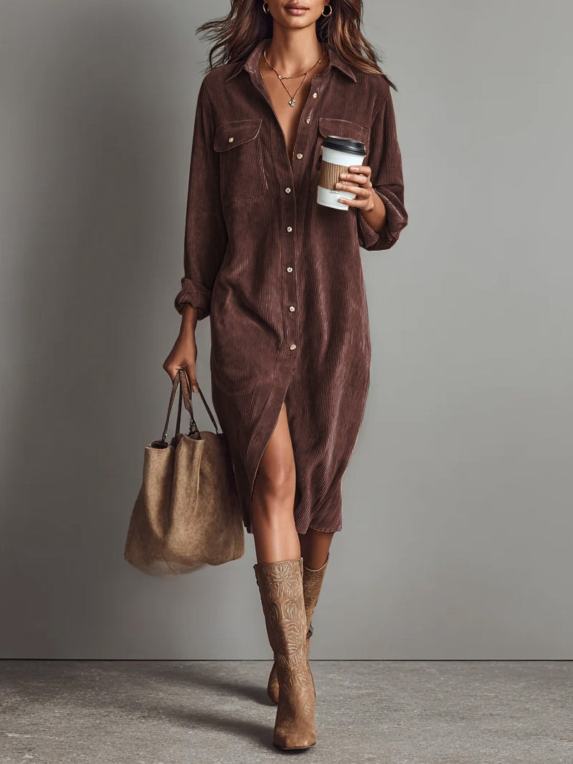 Emma | Loose Corduroy Double Chest Pocket Single Breasted Midi Dress