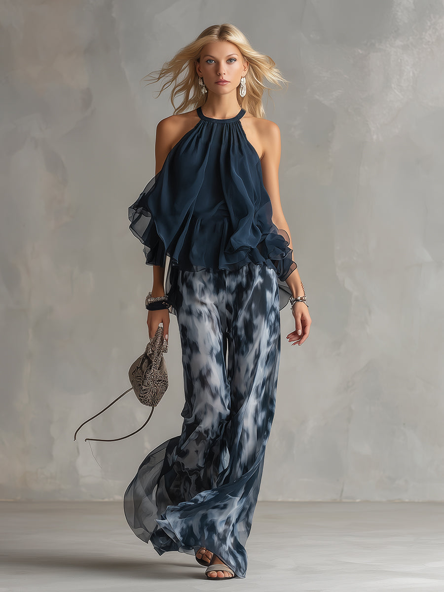 Marie | Elegant Chiffon Set with High-neck Top and Wide-leg Printed Trousers