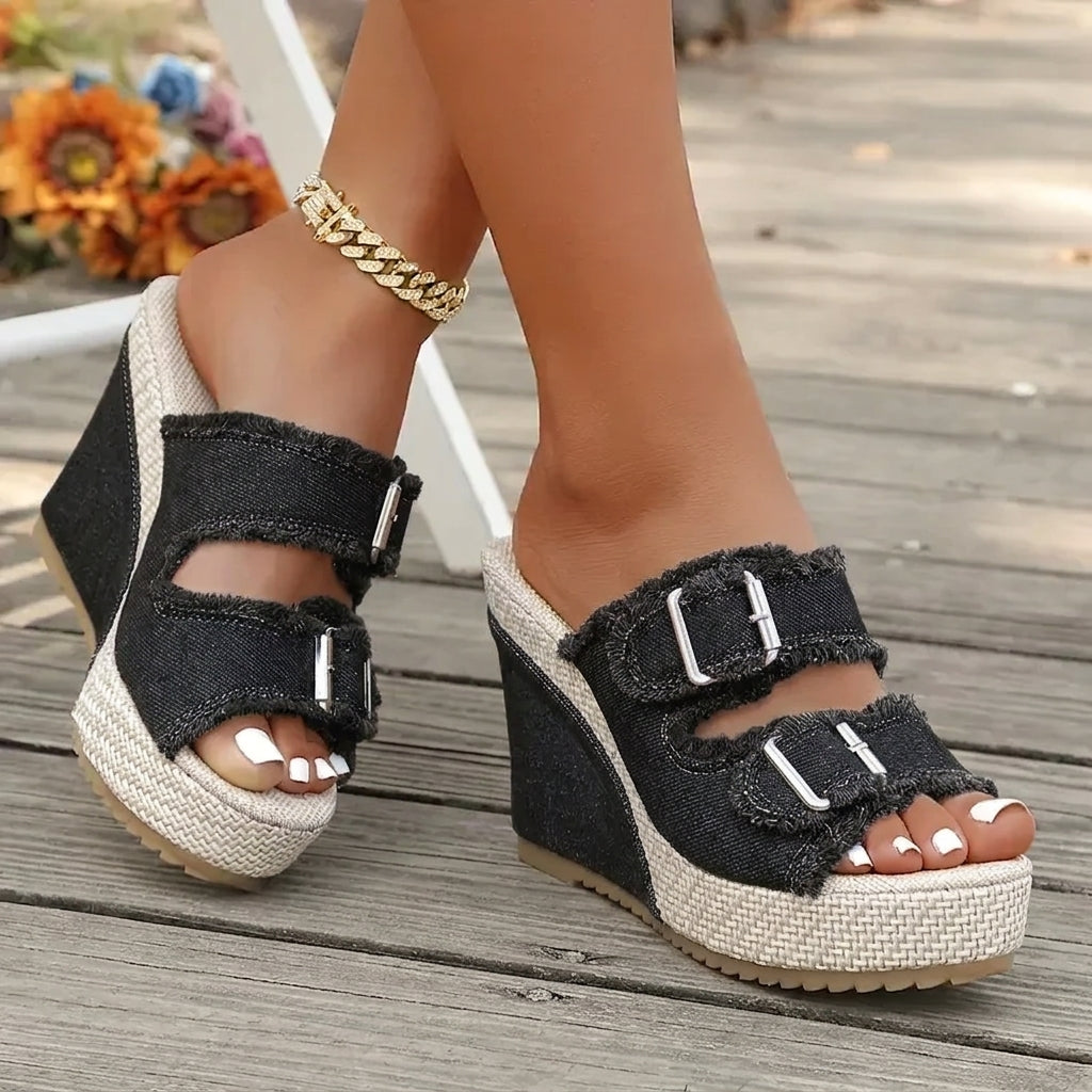 Elara | Denim Wedge Sandals