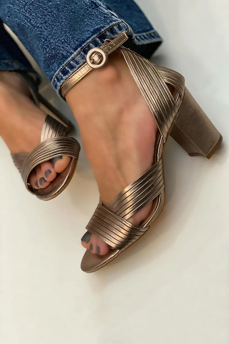 Audrey | Block Heel Sandals with Crisscross Straps and Ankle Strap