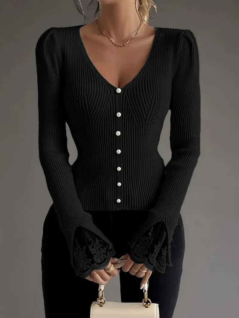 Mia | Ribbed V-Neck Sweater with Lace Sleeves